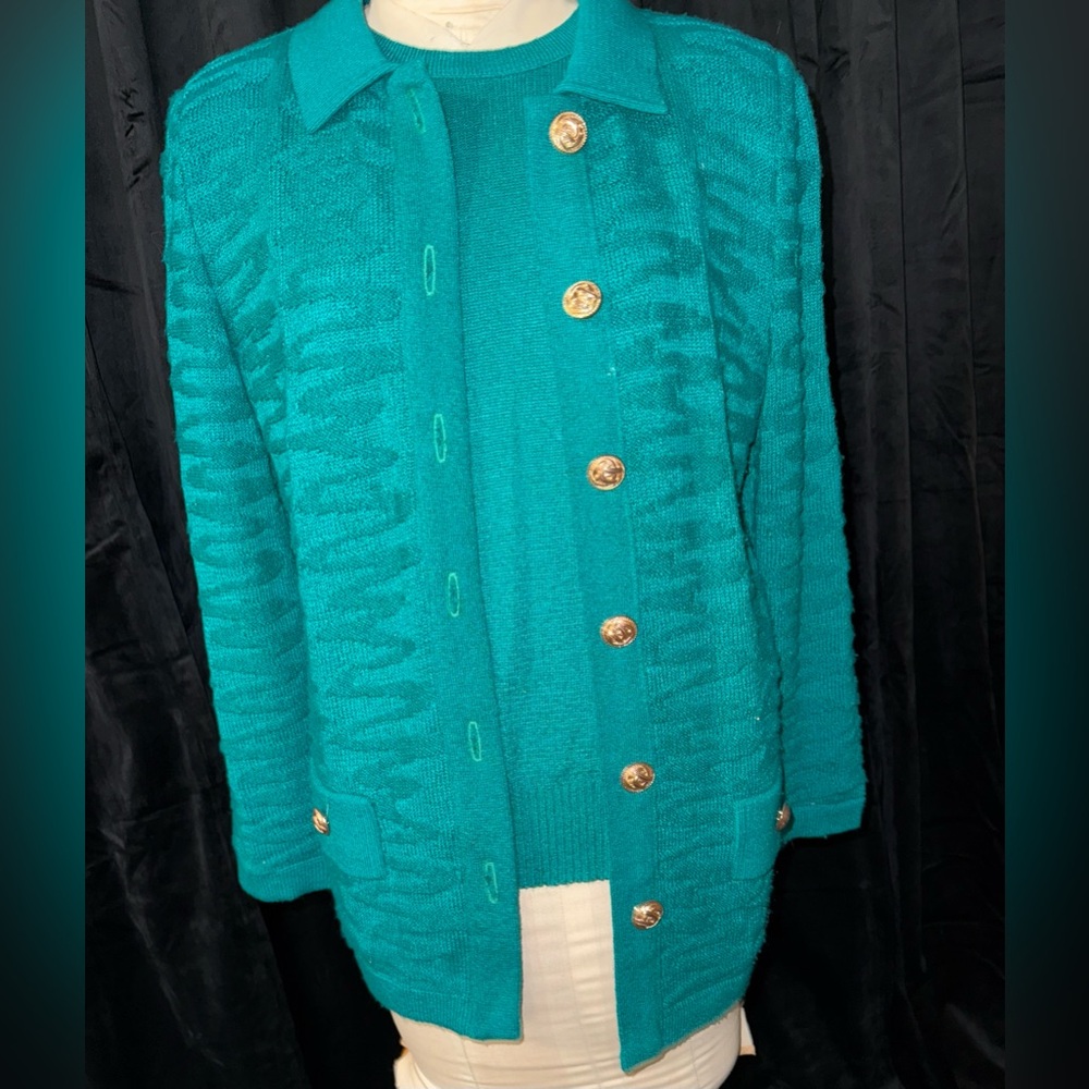 Mita Vintage Teal Cardigan with Gold Buttons & Matching Shirt